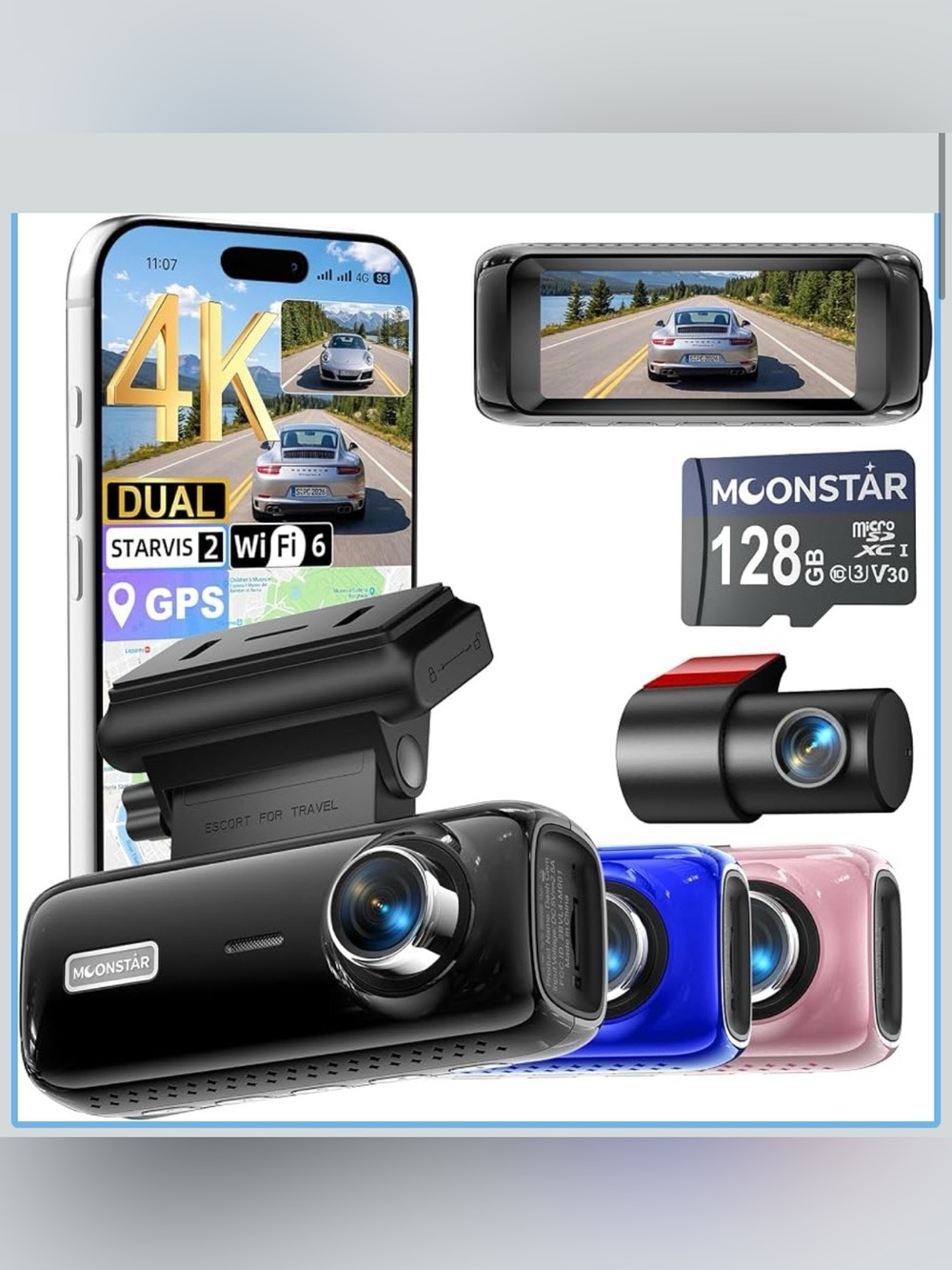 4K Dual Dash Cam with GPS, Wi‑Fi & 128GB Card - Black